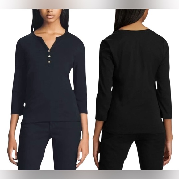 Lauren Ralph Lauren, Black Henley Top With Gold Buttons, Size XL - Picture 9 of 9